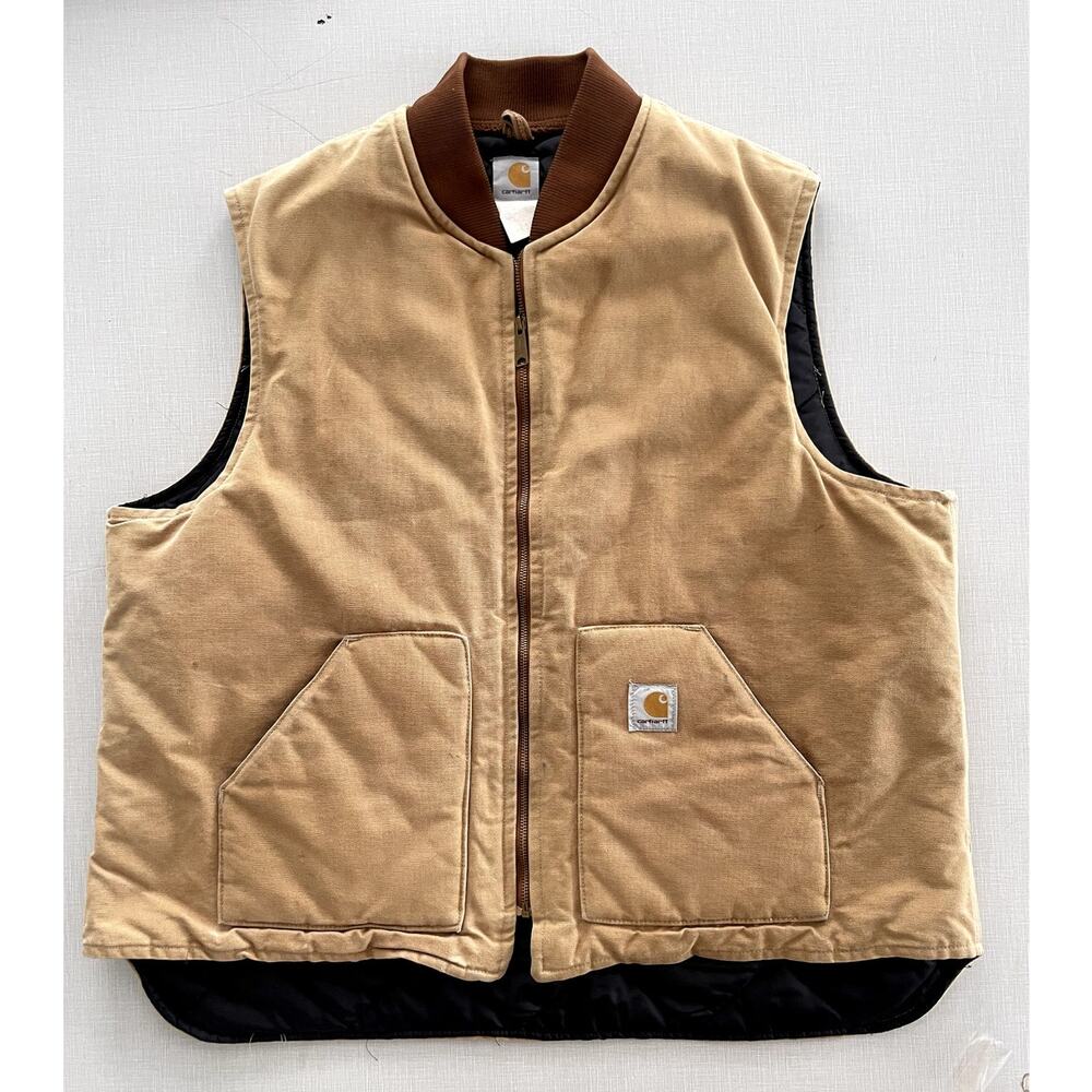 Carhartt Sz 3XL Tall Duck Work Vest Tan Canvas Quilted Lined Vintage Y2K Rugged